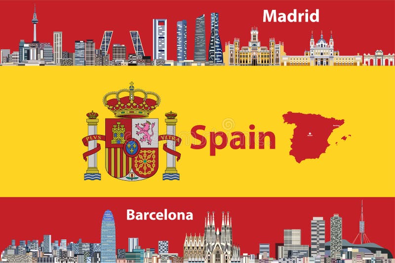 导航马德里和巴塞罗那与旗子的市的西班牙的例